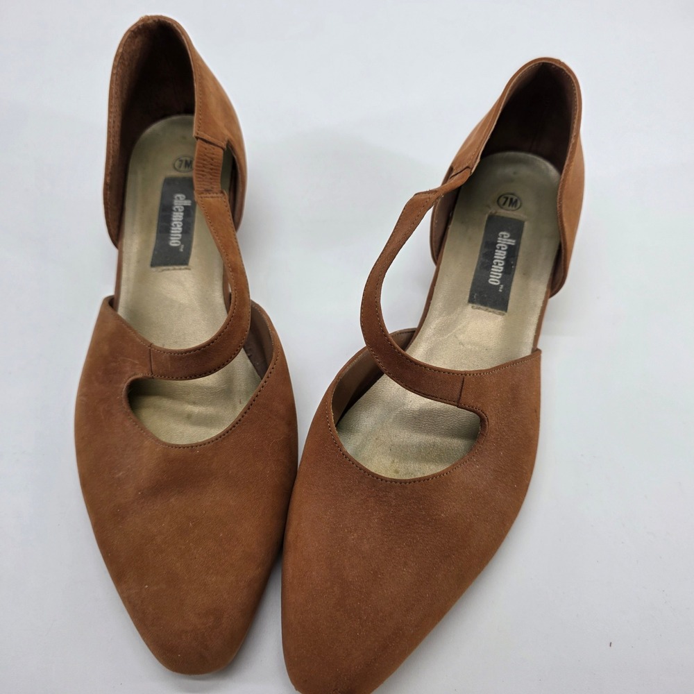 Vintage ellemenno D'Orsay Pumps Tan Camel Leather Heels 7 M Retro Mod Goth Chic